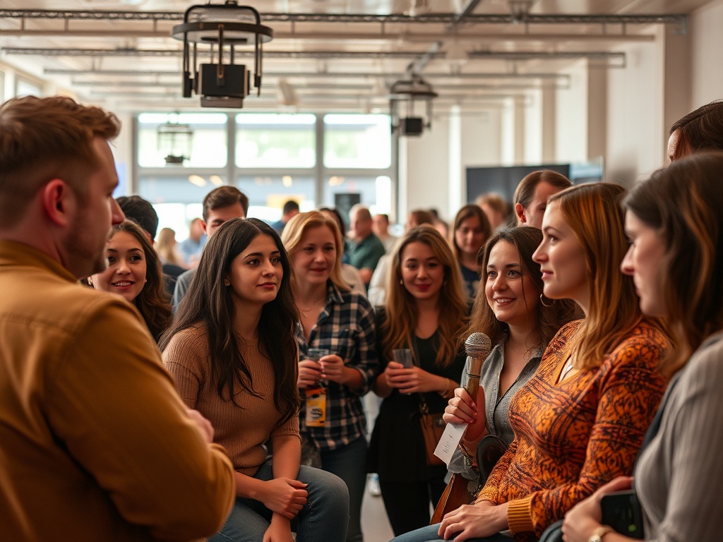 Группа людей обсуждает что-то важное, девушка с микрофоном делится мнением в уютном помещении.