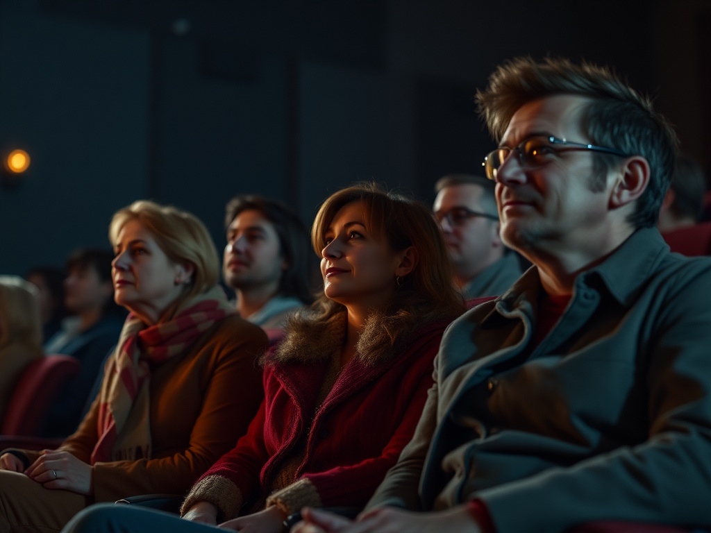 Зрители наслаждаются фильмом в кинотеатре, погруженные в атмосферу кино и эмоции на экране.