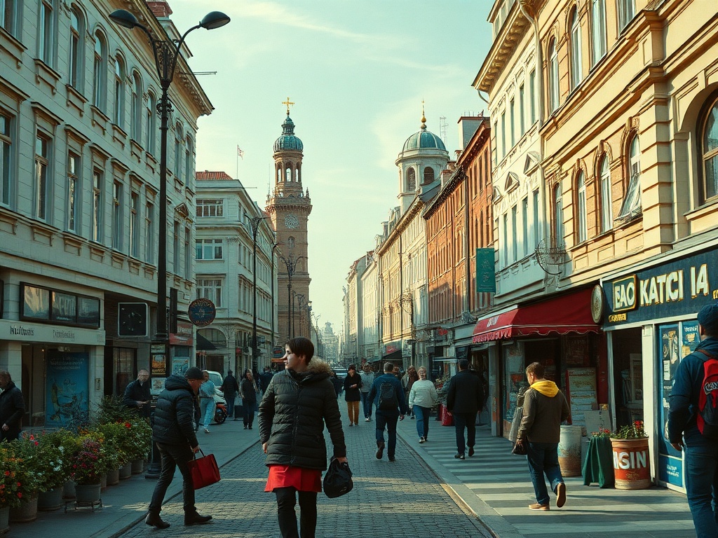 Улица с магазинами, людьми и башней на фоне, освещенная солнечным светом. Вокруг цветы в горшках.