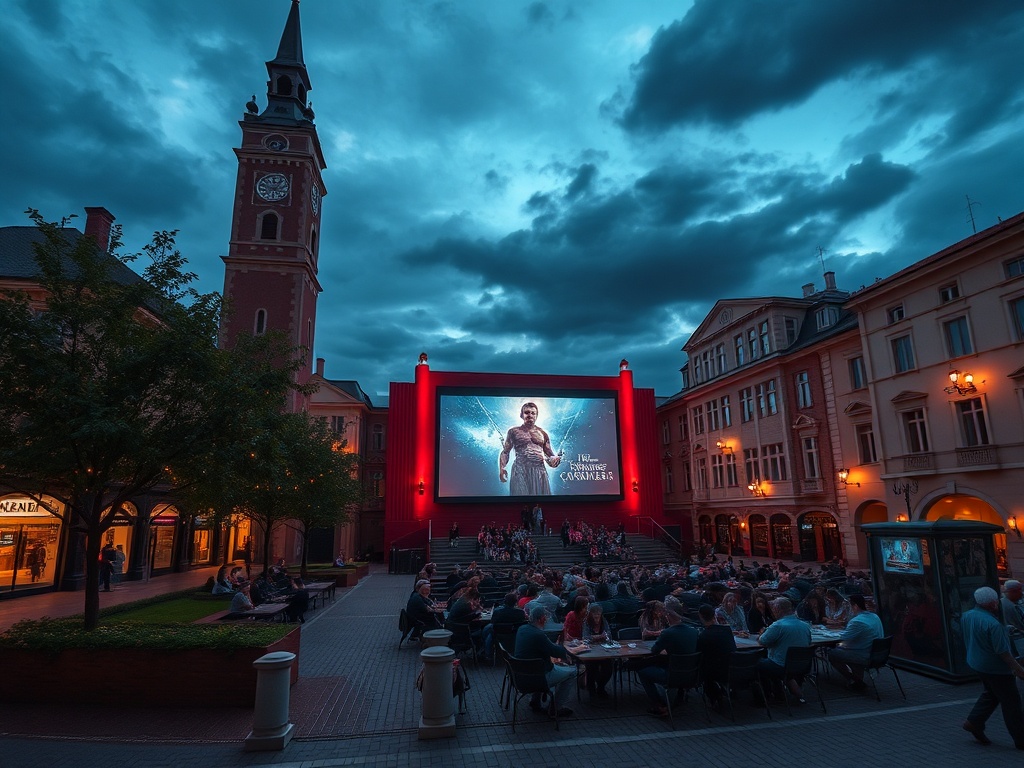 Открытый кинотеатр на площади, зрители смотрят фильм под облачным небом. Вокруг уютная атмосфера.