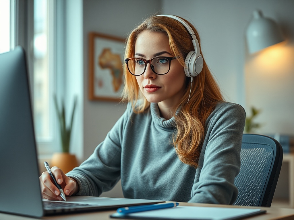 Девушка в наушниках работает за ноутбуком, внимательно записывая информацию. Уютная обстановка.