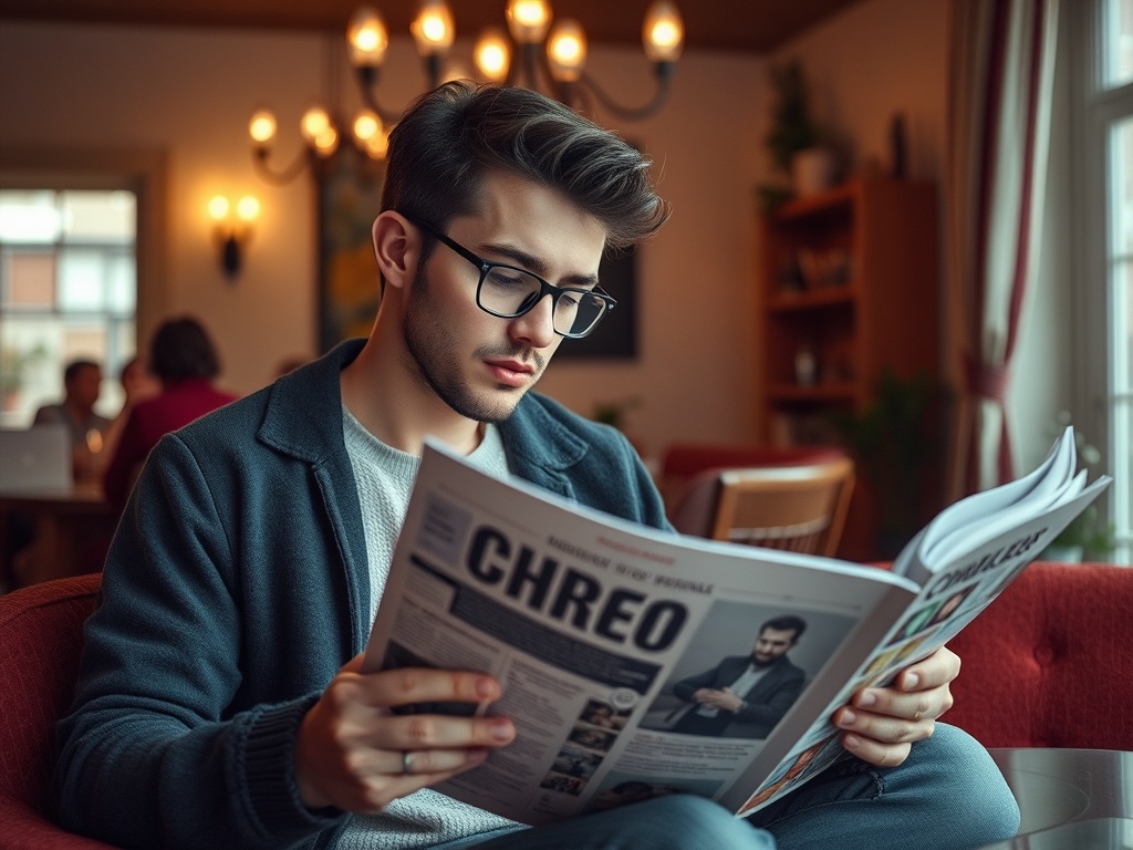Молодой человек в очках читает газету в уютном кафе с мягким освещением и деревянной мебелью.