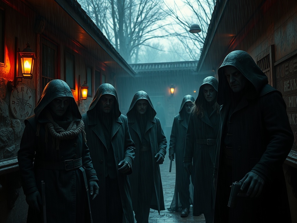 Шестеро людей в капюшонах стоят в тёмном, дождливом коридоре, окружённые мрачной атмосферой.