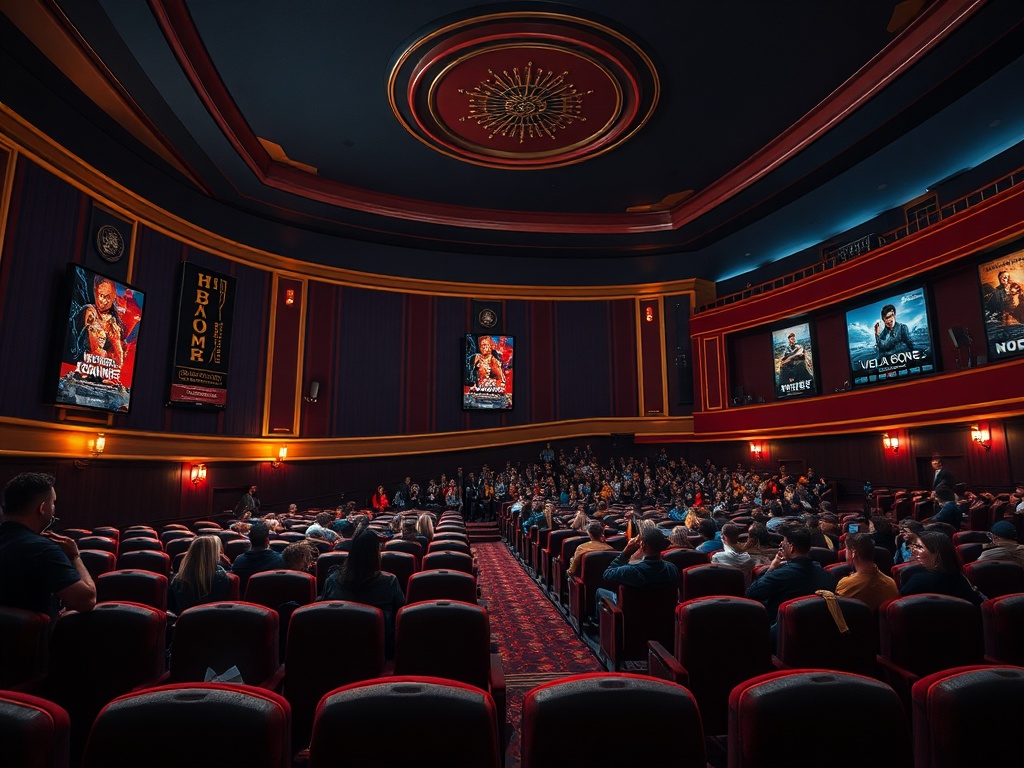 Внутри кинотеатра с креслами и зрителями, ожидающими начала фильма. Постеры фильмов на стенах.