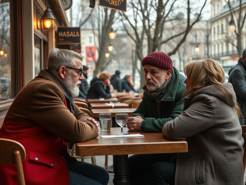 Трое людей беседуют за столом в кафе, вокруг них осенняя атмосфера, пустые улицы.