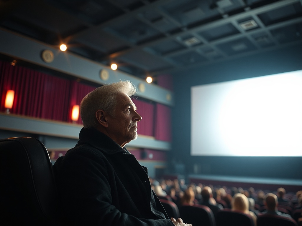 Старший мужчина сидит в зале кинотеатра, смотрит на экран. Зал полон зрителей.