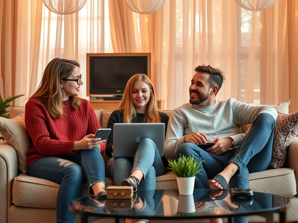 Трое молодых людей сидят на диване, общаясь и используя гаджеты в уютной обстановке.