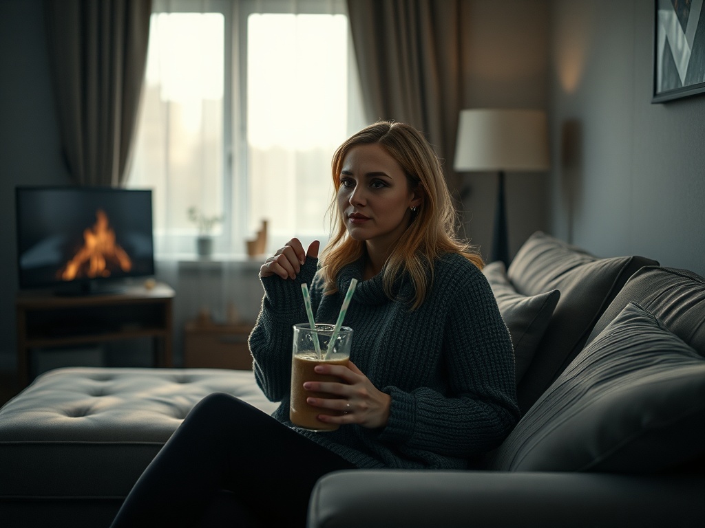 Женщина в свитере сидит на диване, держа в руках стакан с напитком, рядом телевизор и камин.