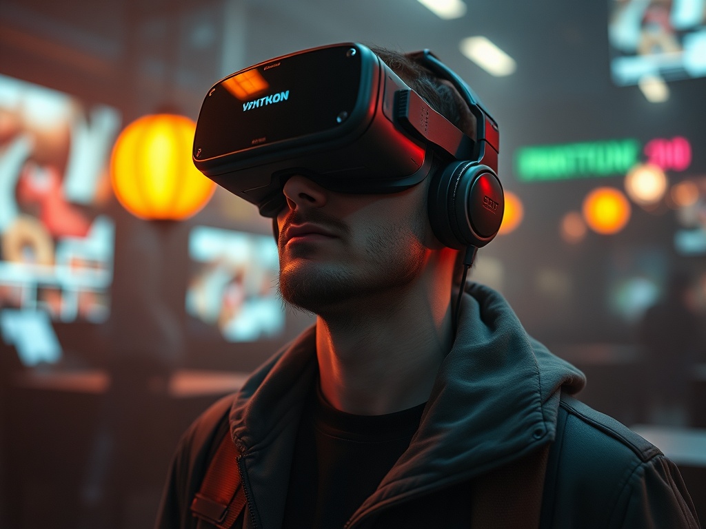 Молодой человек в виртуальной реальности с наушниками. Яркий свет и размытые формы вокруг него.