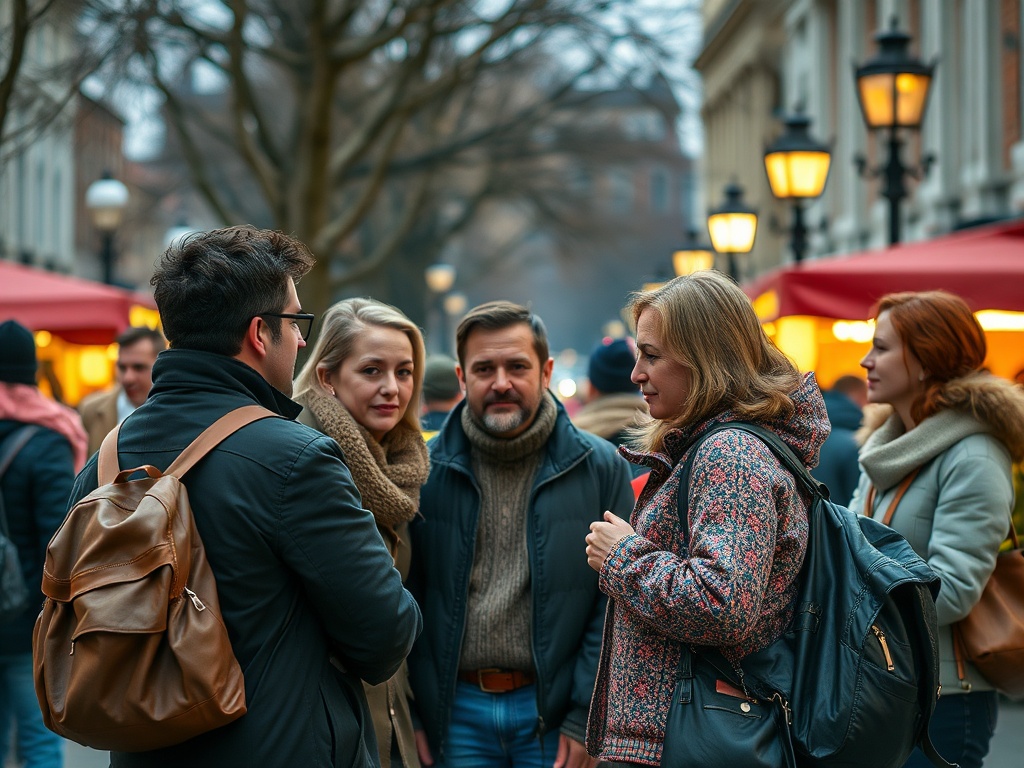 Группа людей беседует на улице возле ярмарки, окружённой лавками и фонарями. Атмосфера оживлённая и уютная.