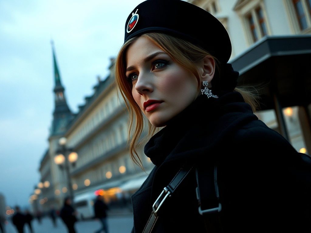 Молодая женщина в черной одежде и берете, смотрит вдаль в вечернем городе. На улице тихо и холодно.