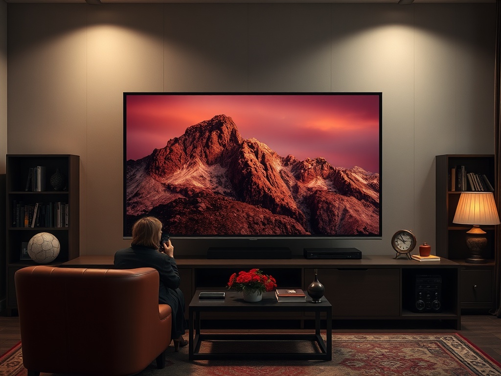 Человек сидит на диване и смотрит на большой телевизор с изображением горного пейзажа.