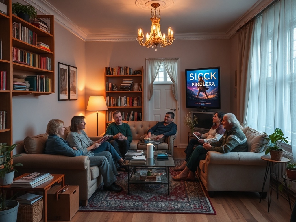 В уютной гостиной группа людей общается, в центре внимания телевизор с фильмом. На стенах книги и картины.