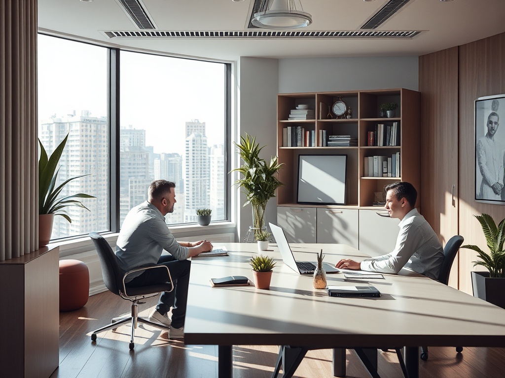 Два человека обсуждают проекты в современном офисе с большими окнами и зелеными растениями.