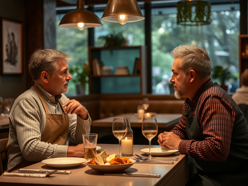 Два человека беседуют за столом в ресторане, перед ними напитки и тарелки с едой. Атмосфера уютная.