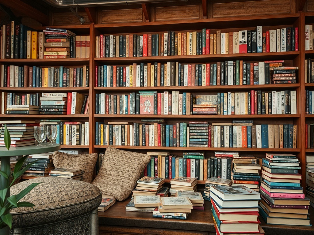 Книжная полка, заполненная множеством книг. Уютные диваны и столик в углу с бокалами.