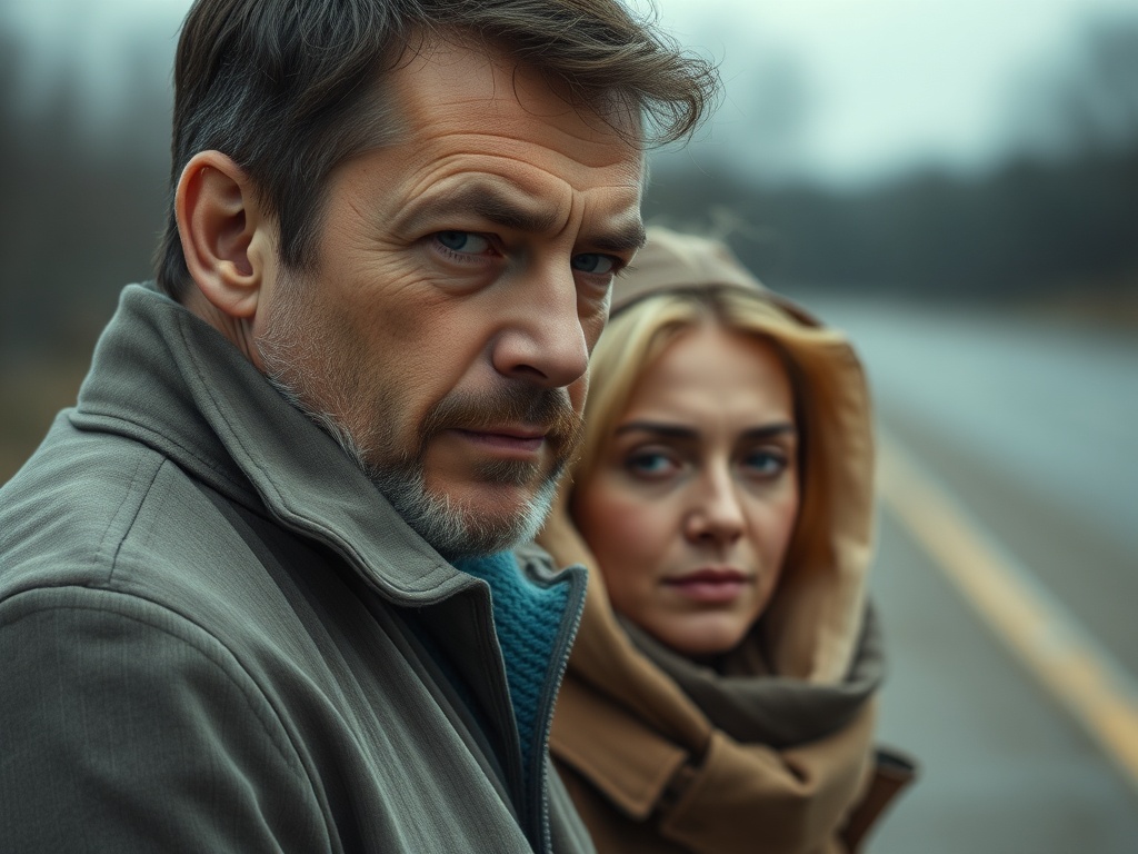 Два человека стоят на дороге в туманном пейзаже, выглядят серьезно и углублены в мысли.