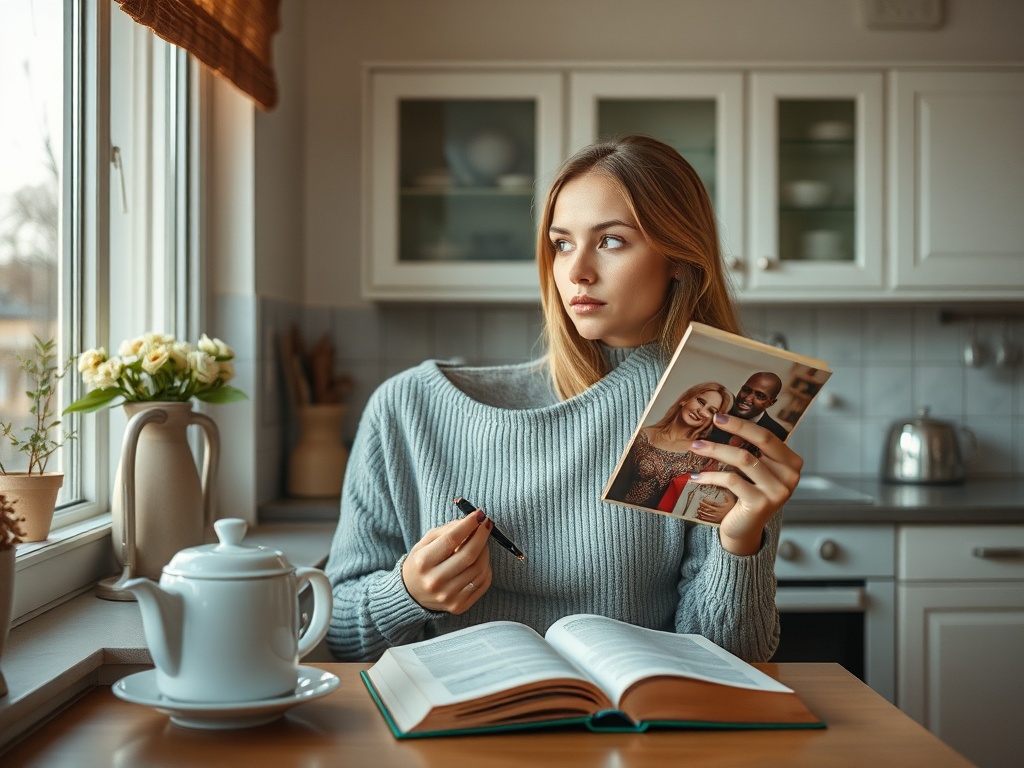 Девушка в уютной кухне читает книгу и держит в руках журнал, задумчиво смотря в окно. Чайник на столе.