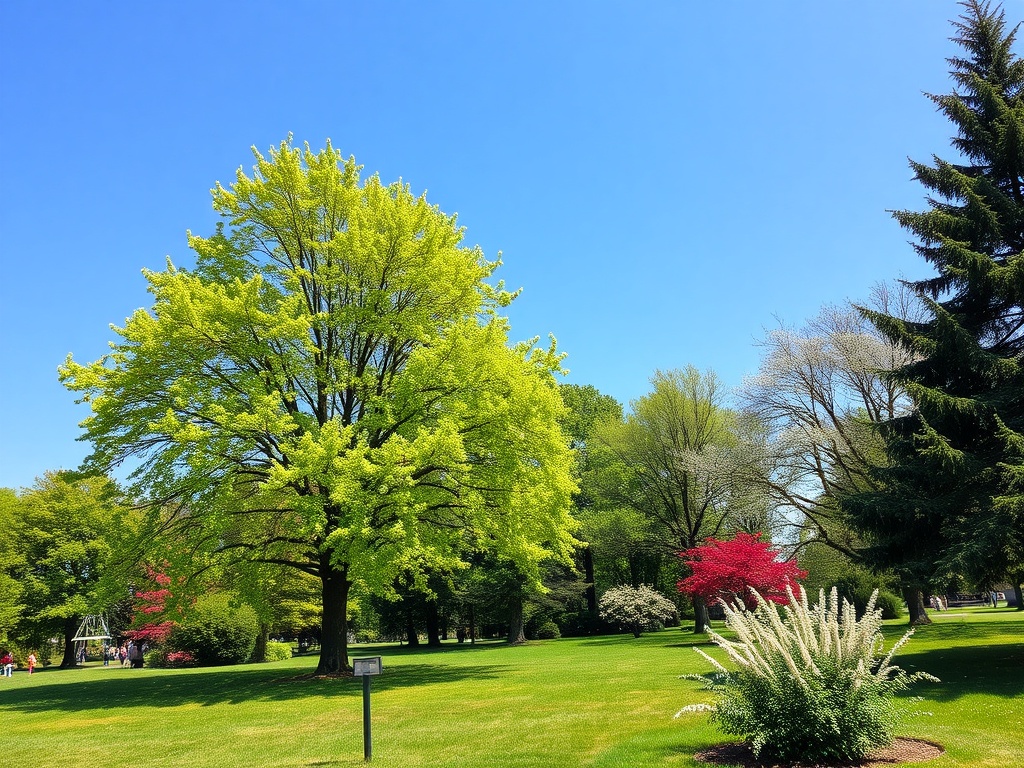 Солнечный день в парке с зелеными деревьями, цветами и ясным голубым небом. Люди отдыхают на траве.