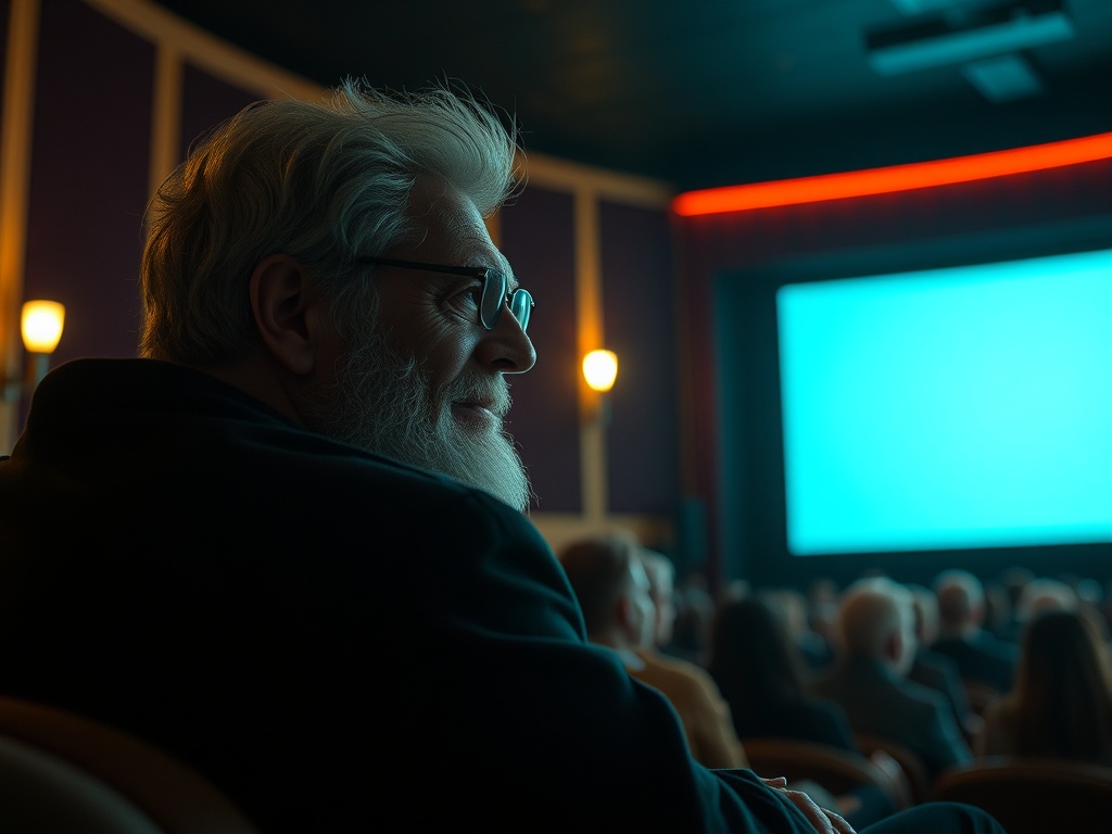 Пожилой мужчина в очках улыбается, сидя в зале кинотеатра перед экраном. Зал заполнен зрителями.