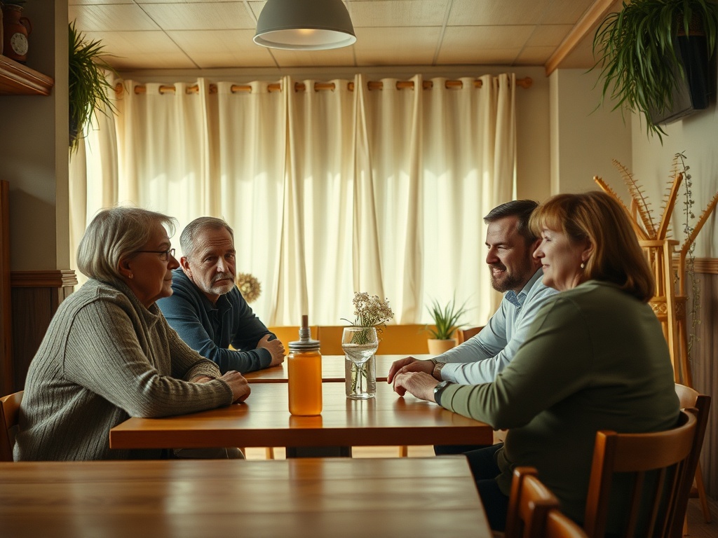 Четыре человека сидят за столом в уютной обстановке, общаясь и делясь мыслями.