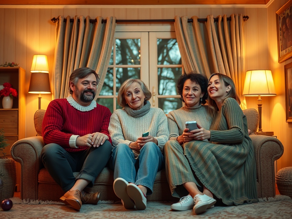 Четыре человека на диване, смеются и смотрят на телефоны в уютной комнате с мягким светом.