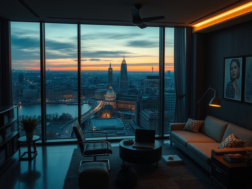 Современный интерьер с панорамным окном, открывающим вид на город и закат. Уютная атмосфера.