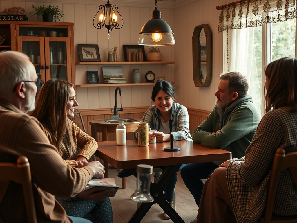 На изображении человек с разными эмоциями общается за столом с друзьями в уютной кухне.