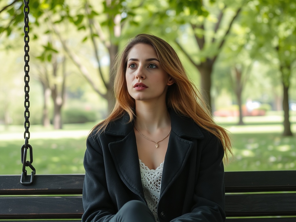 Девушка с длинными светлыми волосами сидит на скамейке под зелеными деревьями в парке.