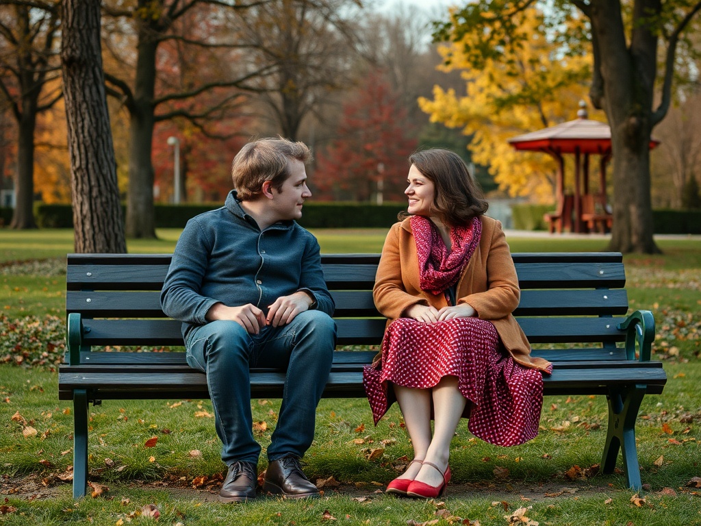 Два человека сидят на скамейке в парке, улыбаются друг другу на фоне осенних деревьев.