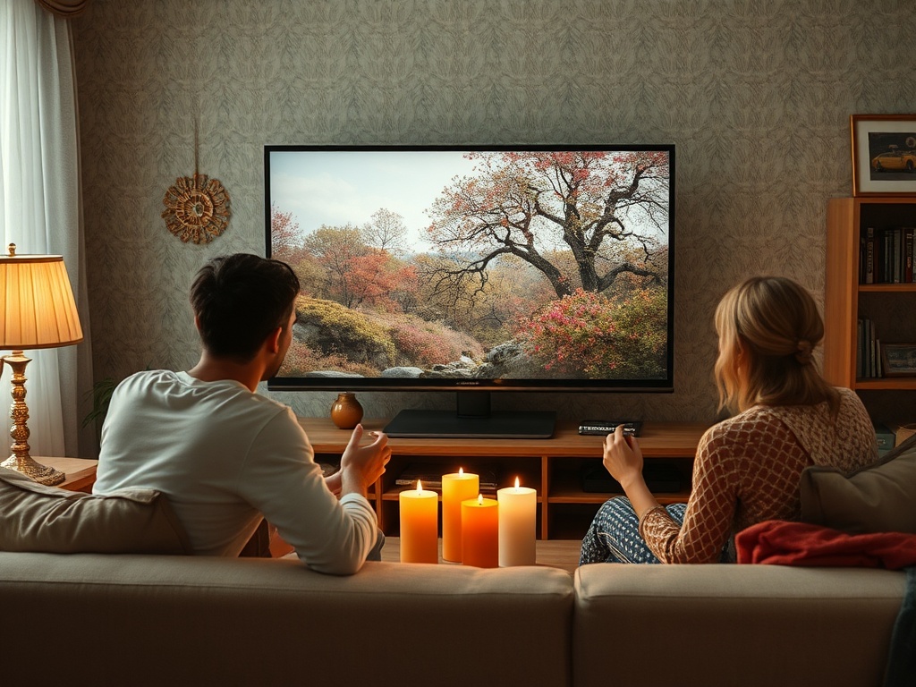 На уютном диване пара смотрит на телевизор с природным пейзажем, рядом горят свечи.
