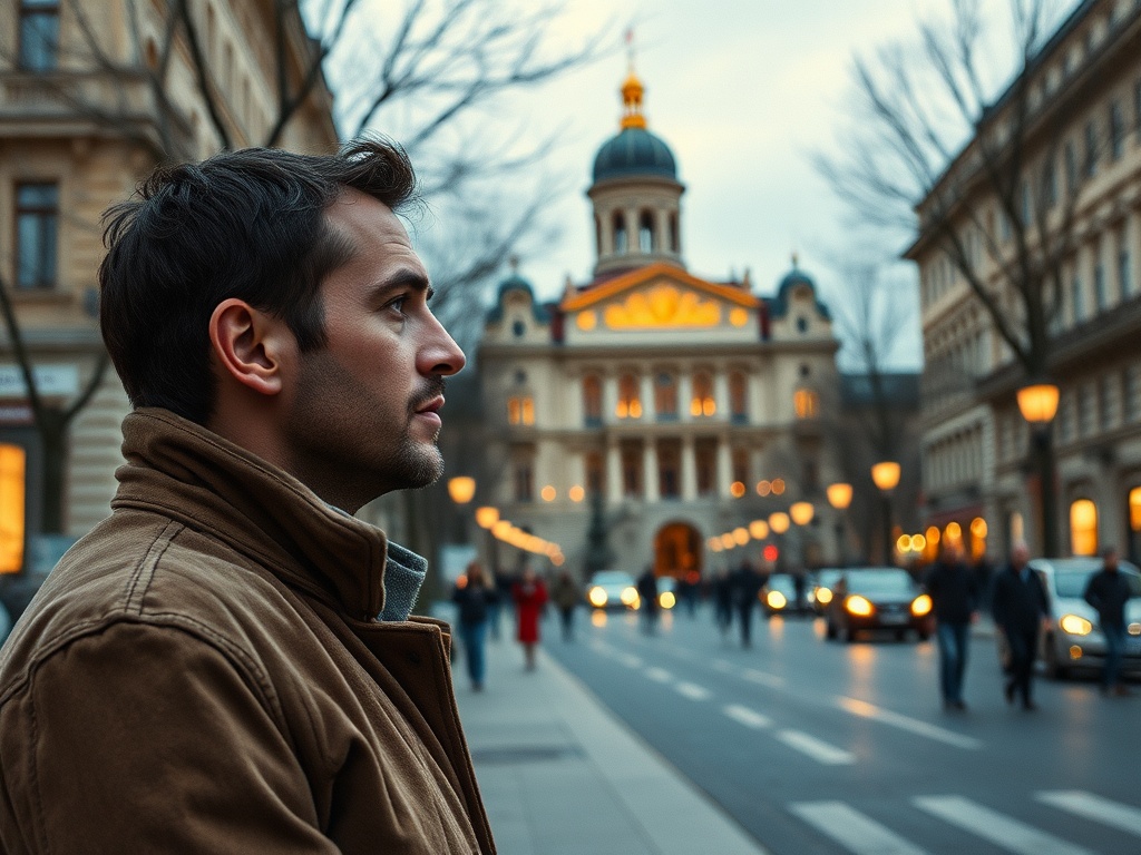 Мужчина в коричневой куртке смотрит вдаль на фоне вечернего города с освещенными зданиями.