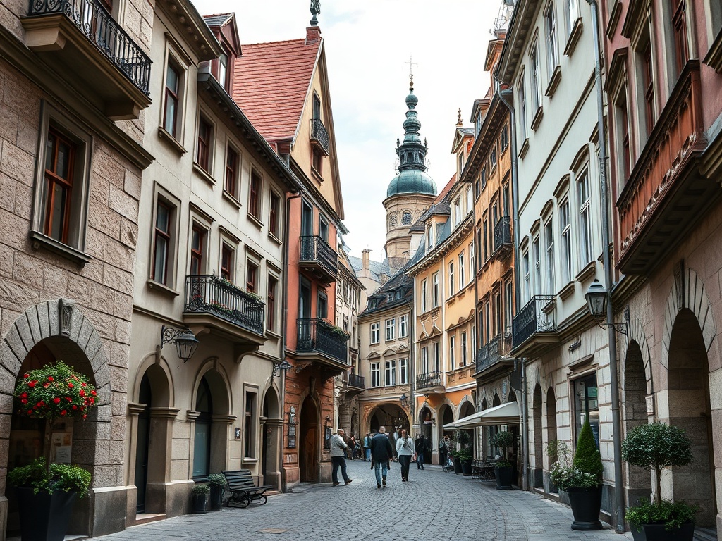 Узкая улочка с старинными зданиями и прохожими, вдалеке видна высокая башня церкви.