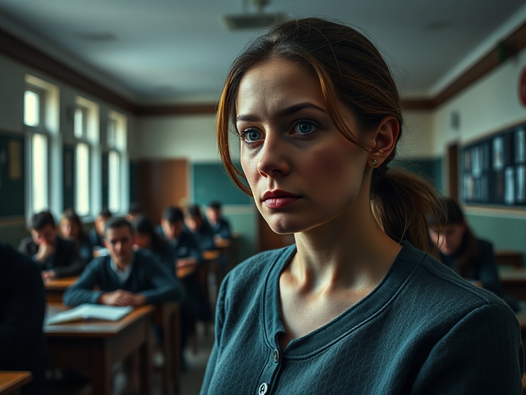 В классе девушка с серьезным выражением лица, ученики за ней внимательно слушают на уроке.