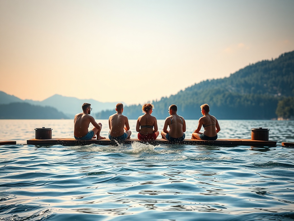 На берегу озера сидят пятеро людей, наслаждаясь спокойствием и красивым видом на горы.