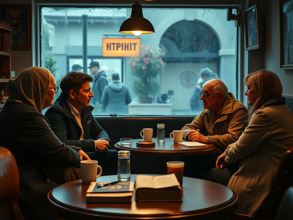Четыре человека обсуждают что-то за столом в кафе, дождь идет за окном, на улице видно прохожих.