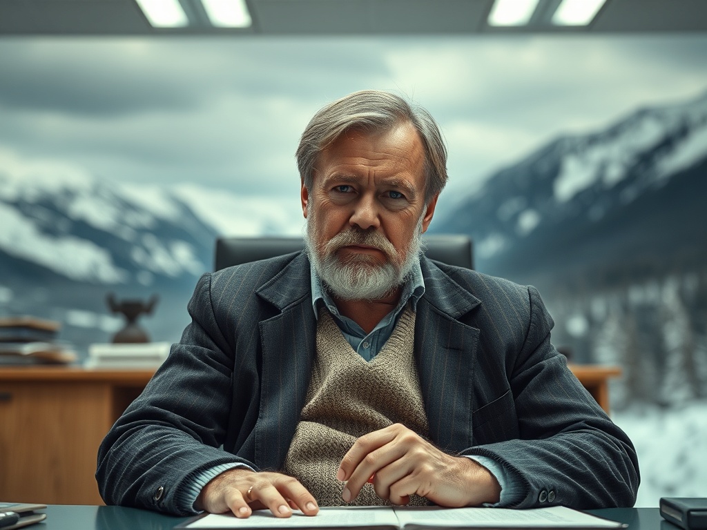 На изображении пожилой мужчина в офисе, смотрящий с серьезным выражением, на фоне горного пейзажа.