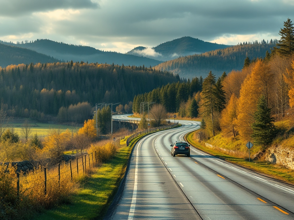 Дорога извивается среди зелёных и жёлтых деревьев, сквозь горный пейзаж под облачным небом.