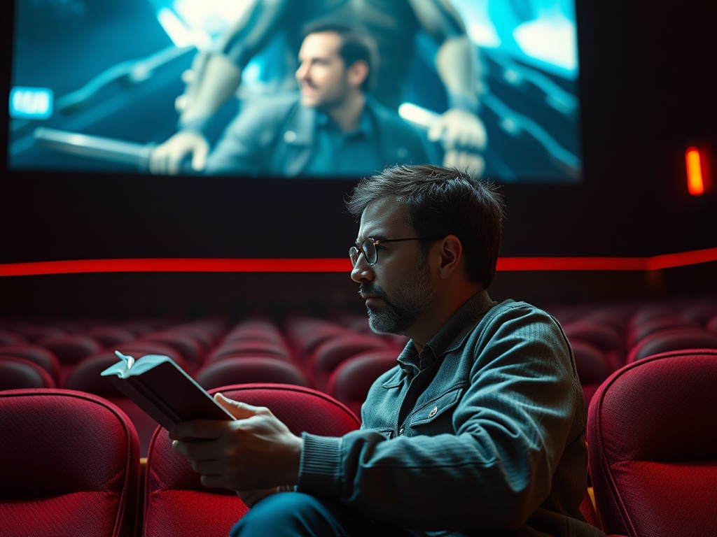 На картине мужчина читает книгу в кинотеатре, впереди экран с фильмом и красные кресла.