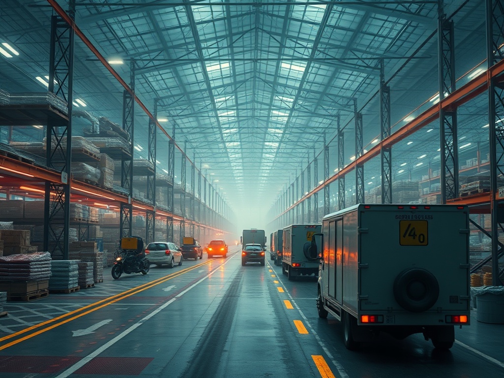 На изображении виден склад с грузовиками и мотоциклом, освещённый туманным светом.