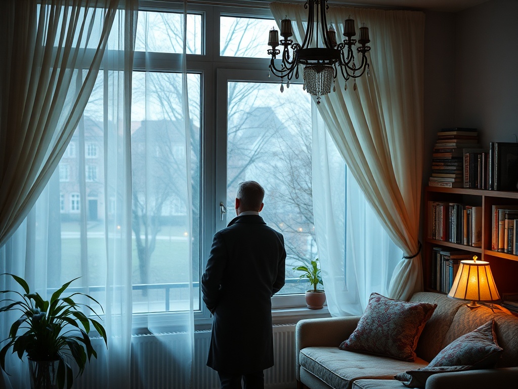 Мужчина смотрит в окно, обрамленный шторами, в уютной комнате с диваном и книжным шкафом.