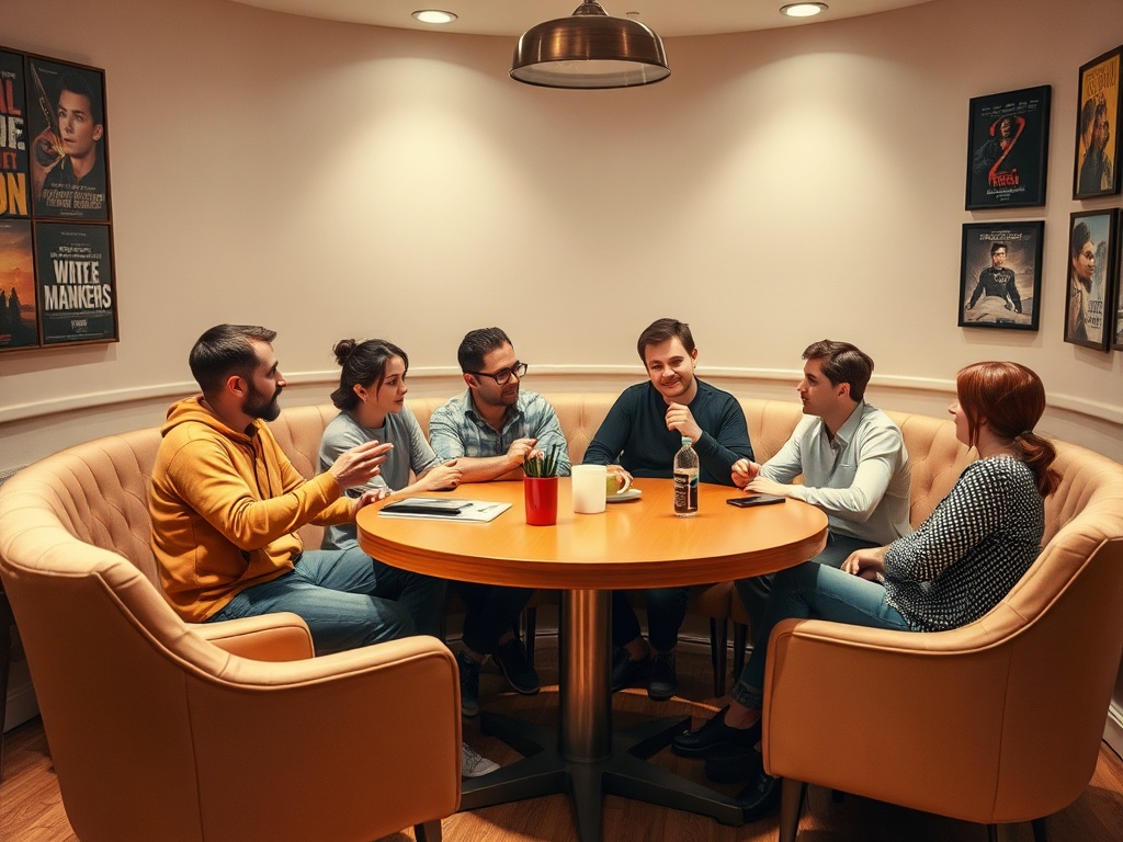 Группа людей обсуждает что-то за круглым столом в уютной комнате. На стенах плакаты фильмов.