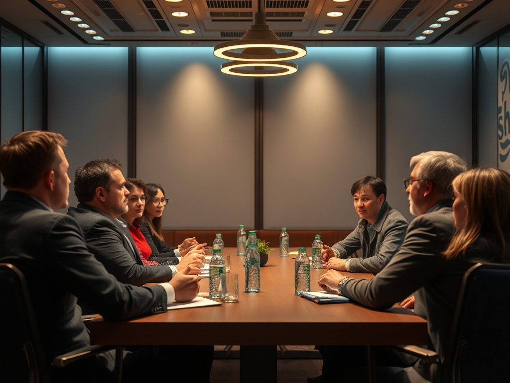 В конференц-зале сидят шесть человек, обсуждая проект. На столе вода и блокноты. Атмосфера сосредоточенности.