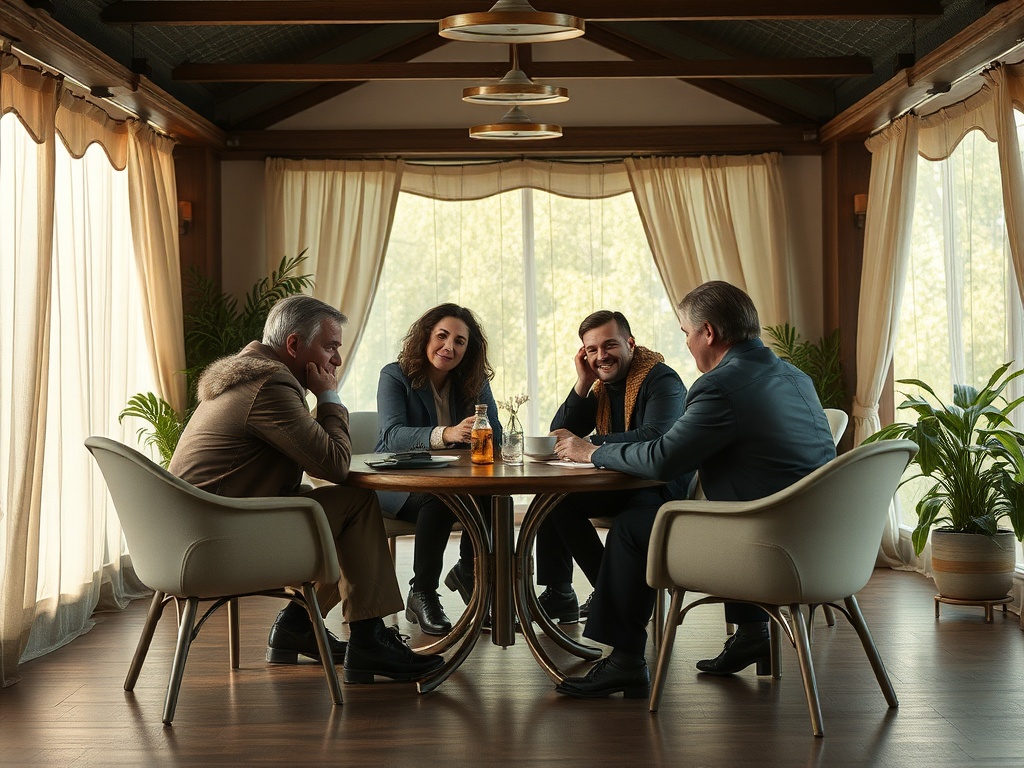 Четыре человека сидят за круглым столом в светлом помещении, обсуждая что-то с улыбками.