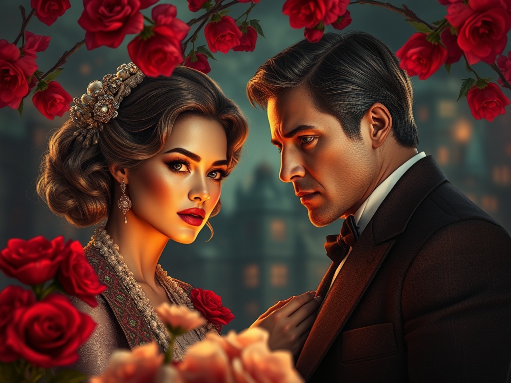 На изображении пара в элегантной одежде на фоне красных роз, полных эмоций и романтики.