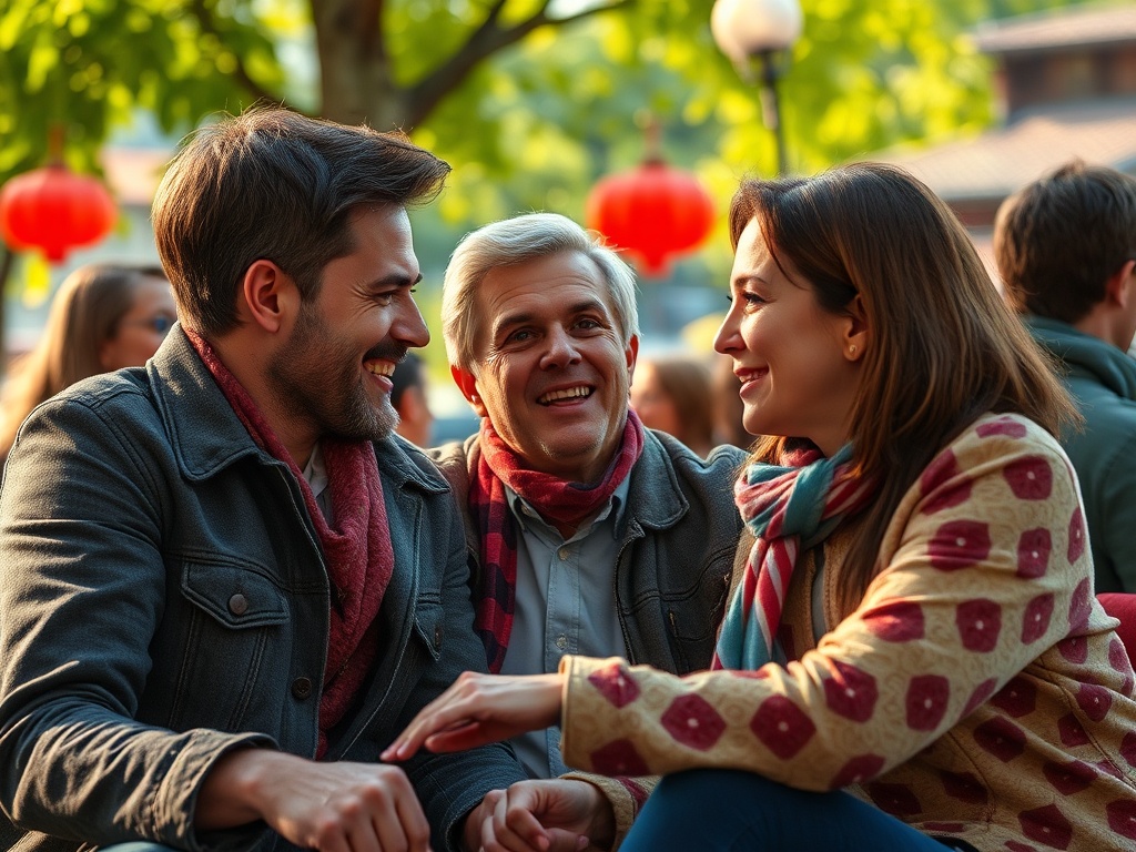 Трое людей улыбаются и общаются на улице, окруженные зелеными деревьями и лампами.