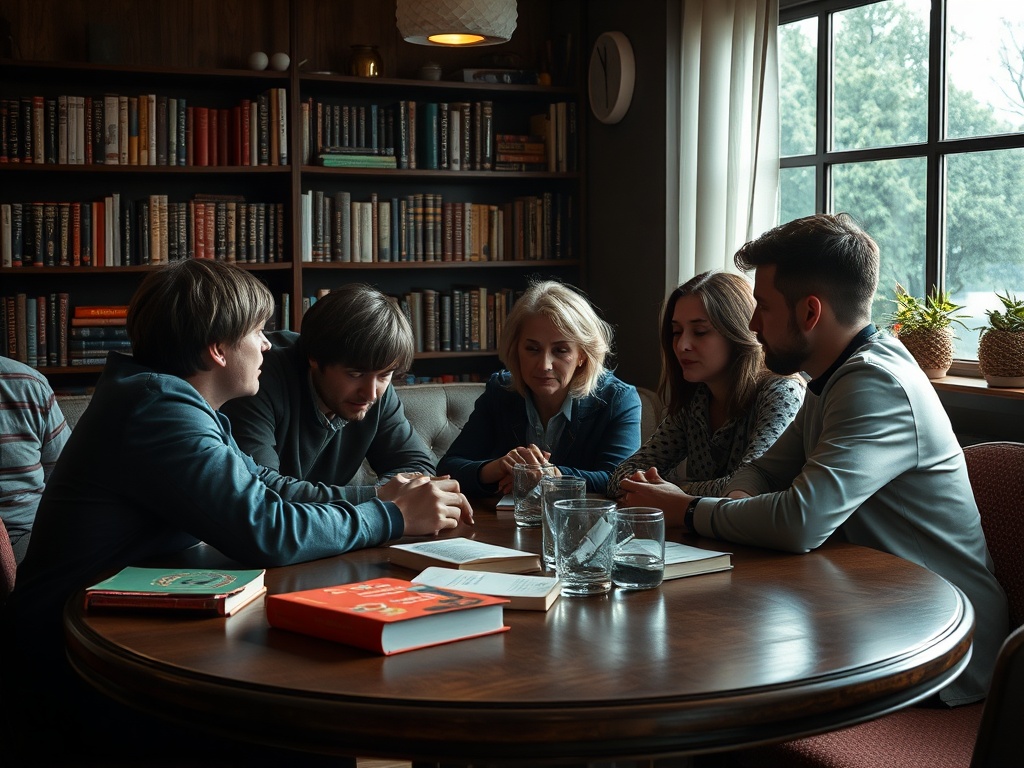 Группа людей за круглым столом в книжном клубе, обсуждающие книги и идеи, на фоне библиотечных полок.