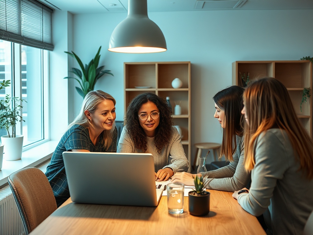 В комнате четыре женщины обсуждают проект за столом, смотря на экран ноутбука. Рядом растения и вода в стаканах.