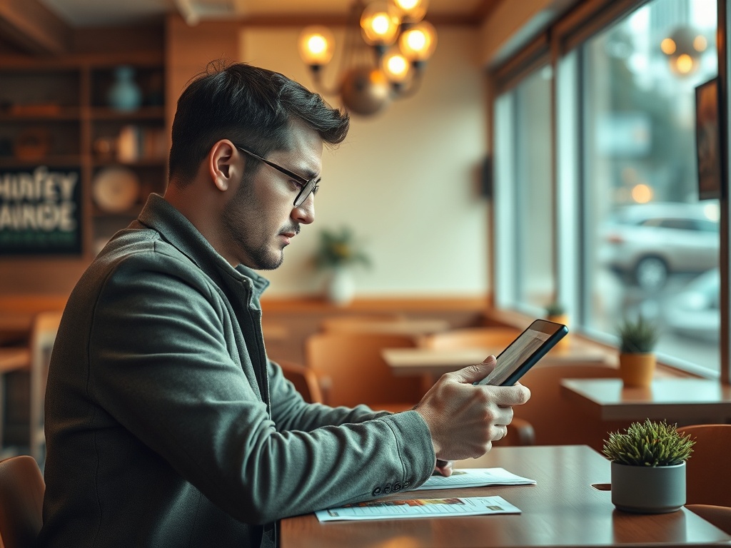 Молодой человек сидит за столом в кафе, читая информацию на своем смартфоне. Светлое, уютное окружение.