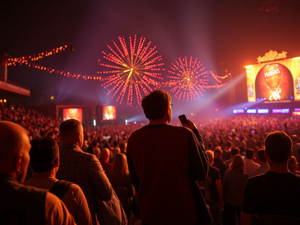 На концерте толпа людей, яркие огни и сцена с выступлением. Атмосфера веселья и волнения.